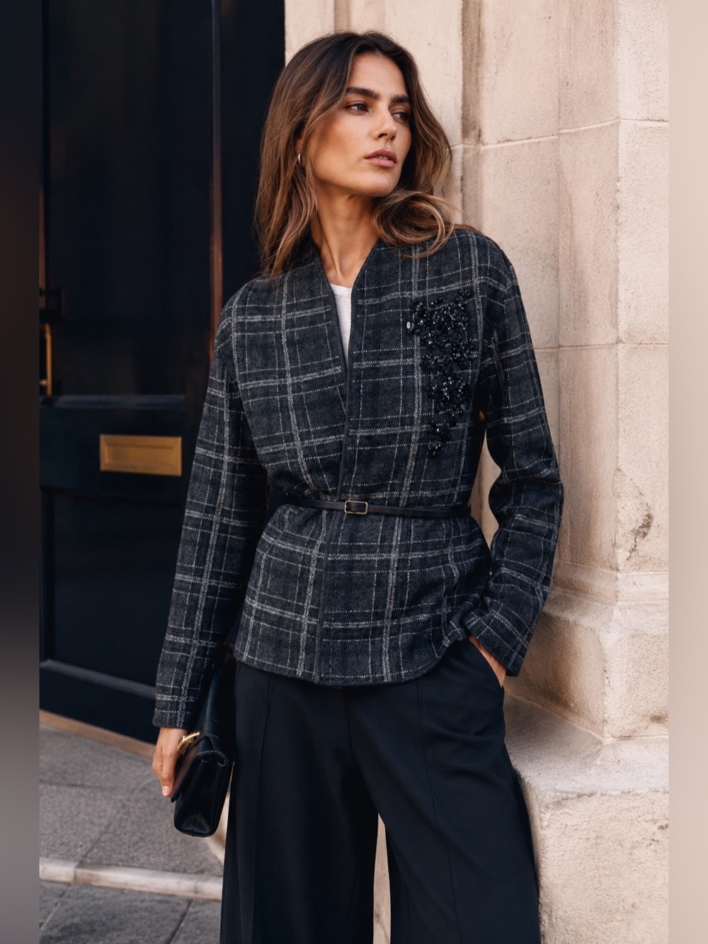 ZARA Plaid Check Knit Cardigan Jacket with Belt & Beaded Detail – NWT Size S